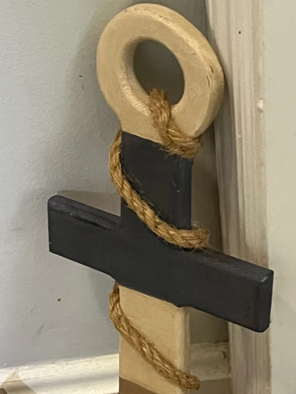 Nautical Anchor Wall Shelf in Blue, Natural Wood, natural twisted rope accent